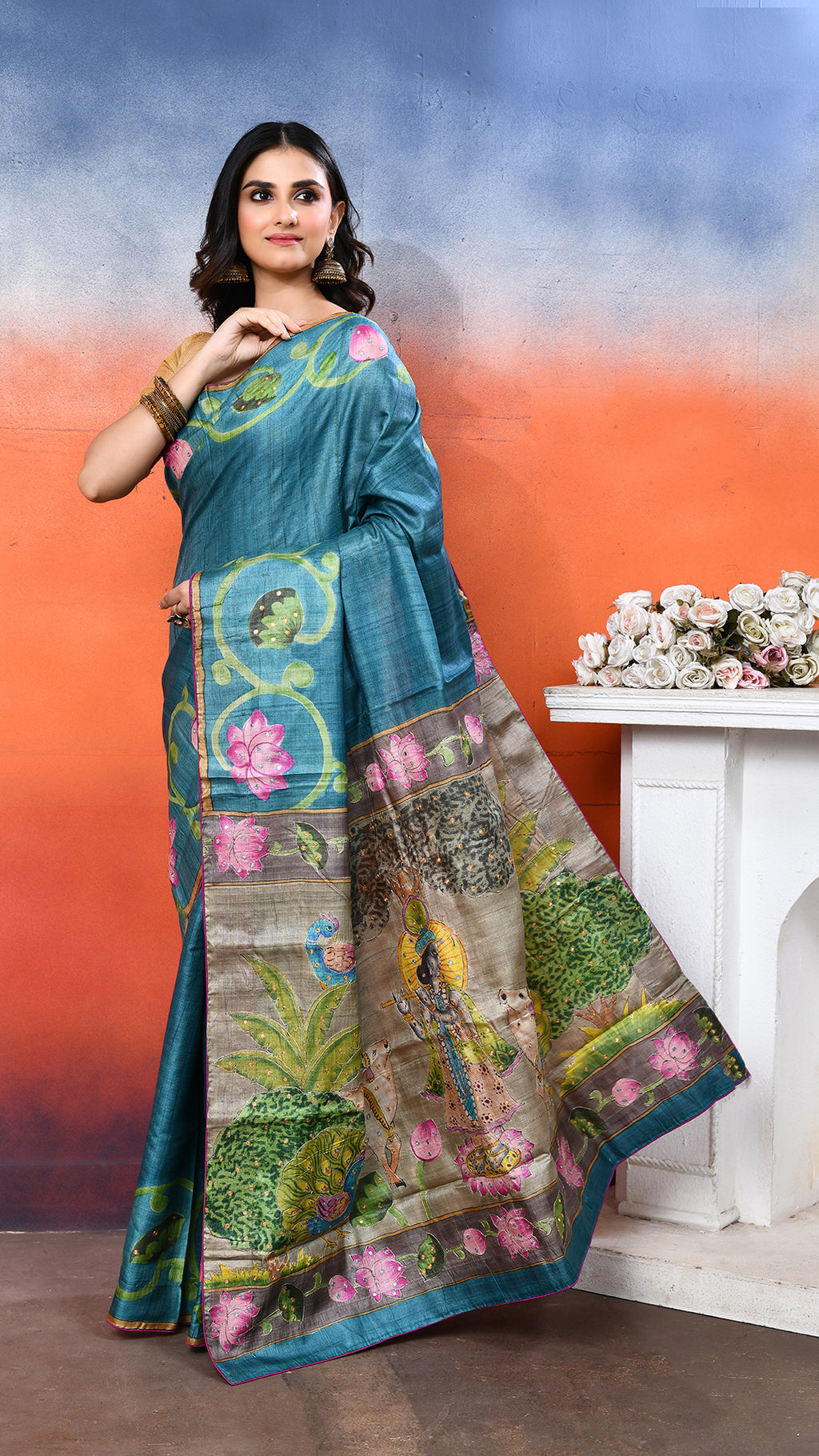 Tussar Zari Handpainted Saree