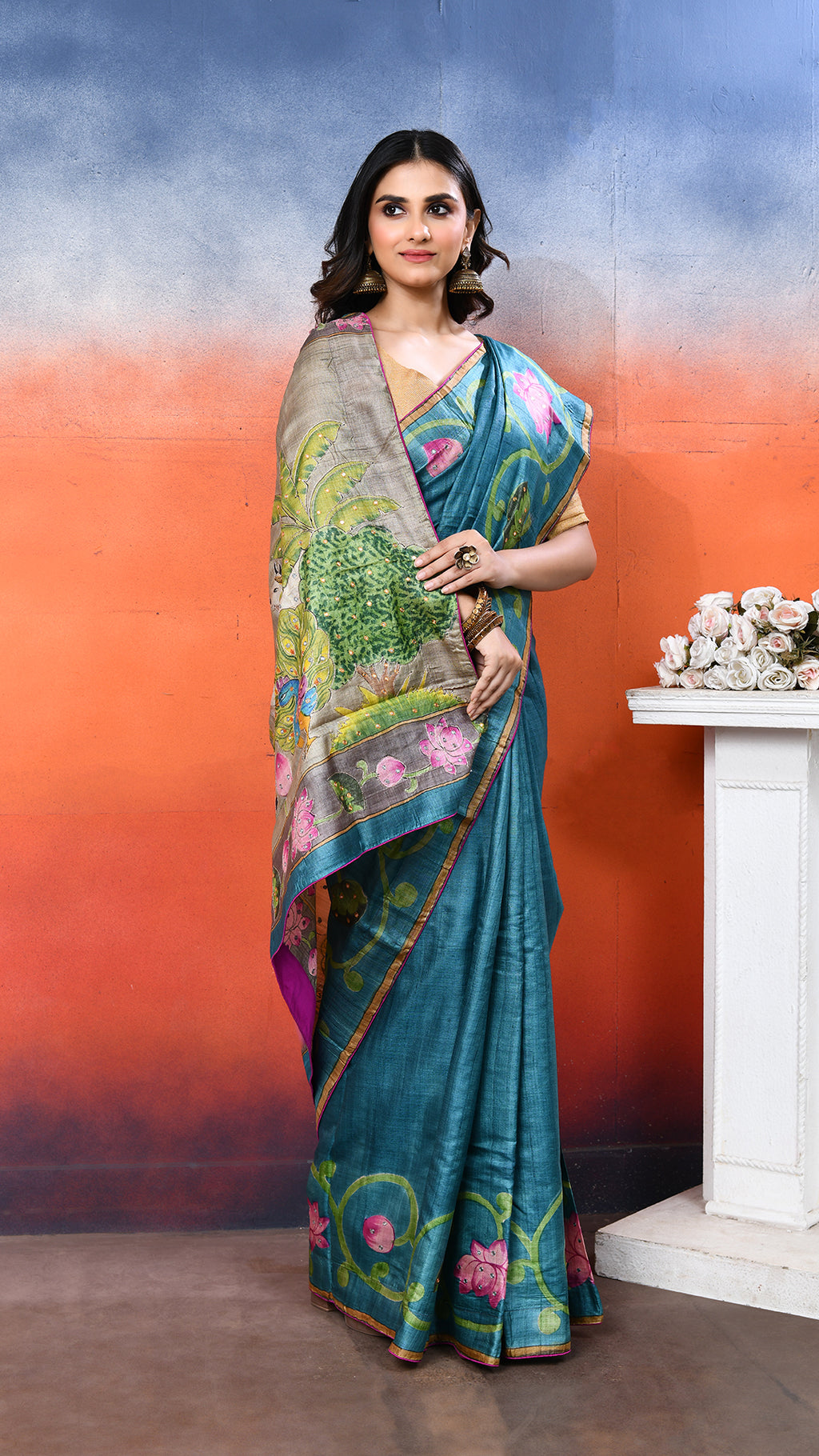 Tussar Zari Handpainted Saree