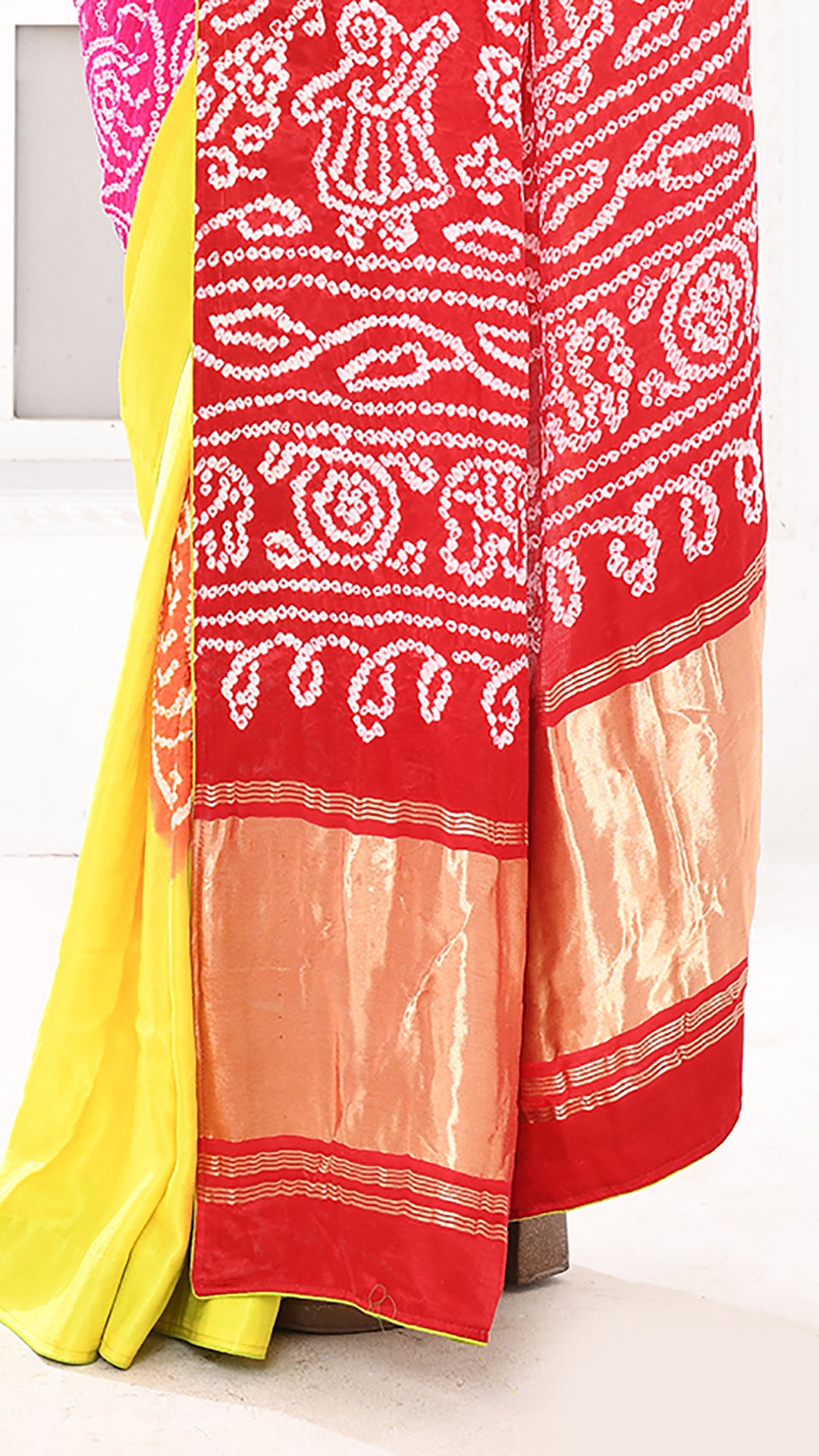 Gazi Silk Tissue Palu Hand Bandhej Yellow