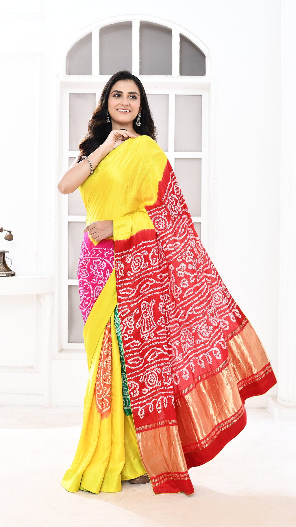 Gazi Silk Tissue Palu Hand Bandhej Yellow
