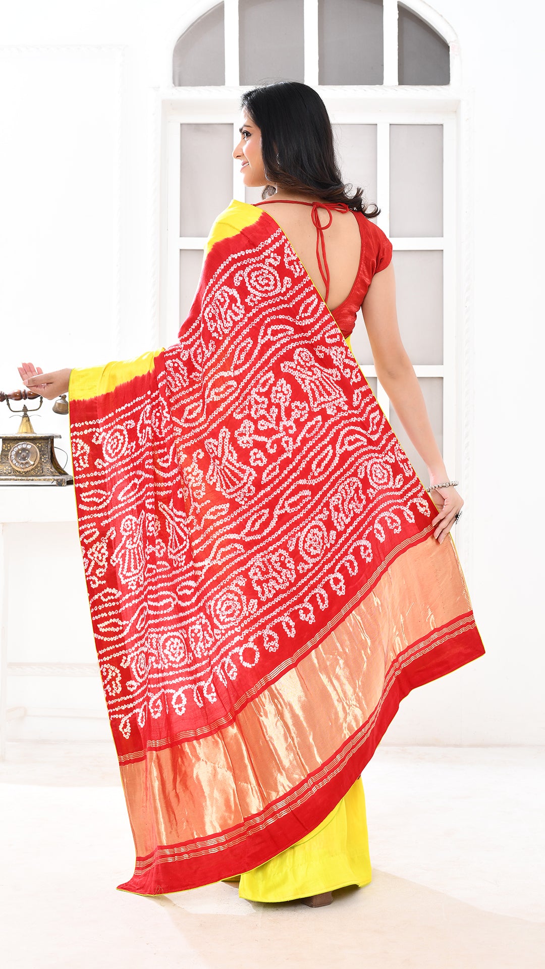 Gazi Silk Tissue Palu Hand Bandhej Yellow