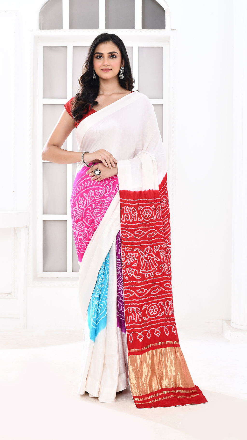 Gazi Silk Tissue Palu Hand Bandhej Offwhite