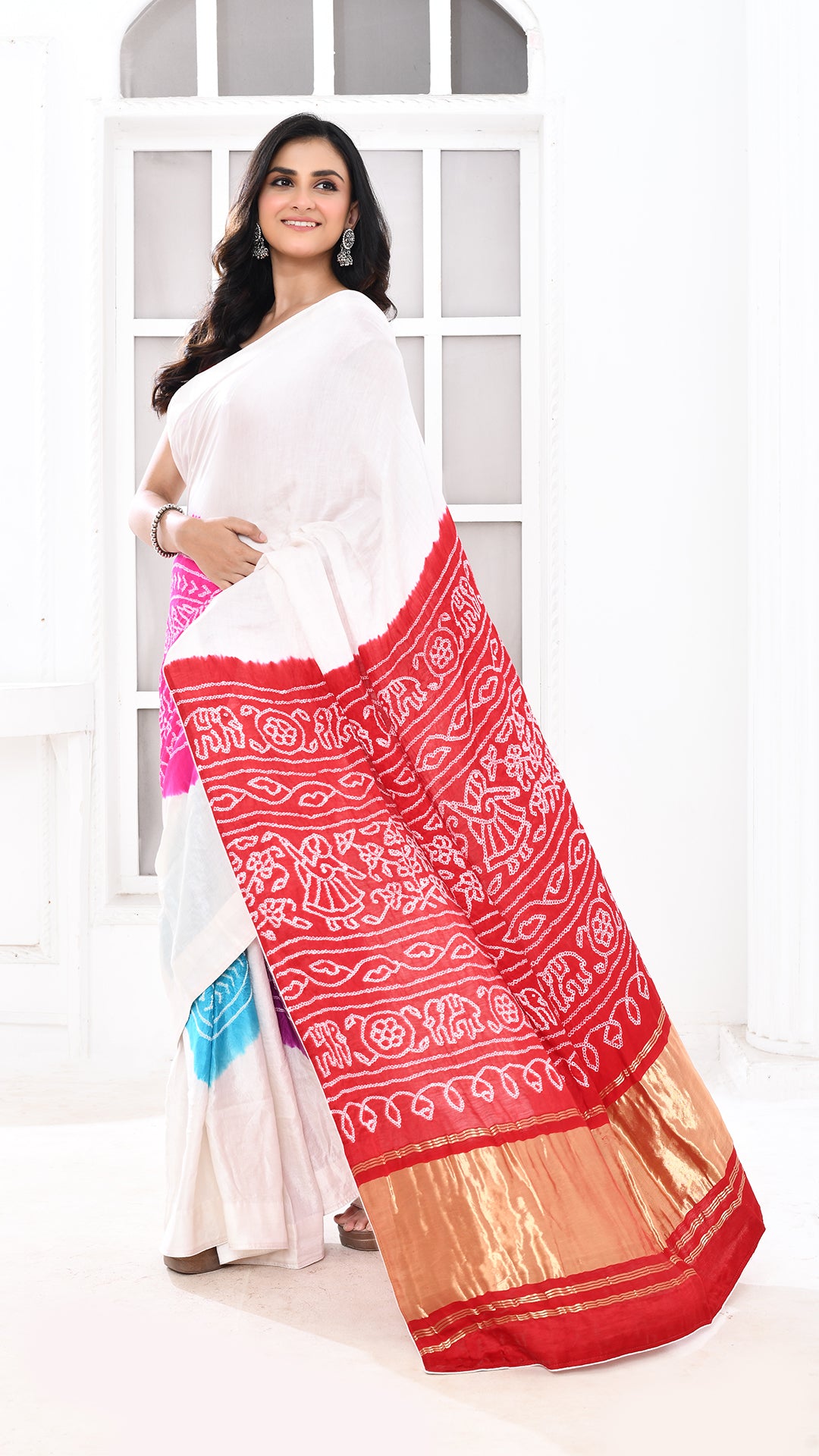 Gazi Silk Tissue Palu Hand Bandhej Offwhite