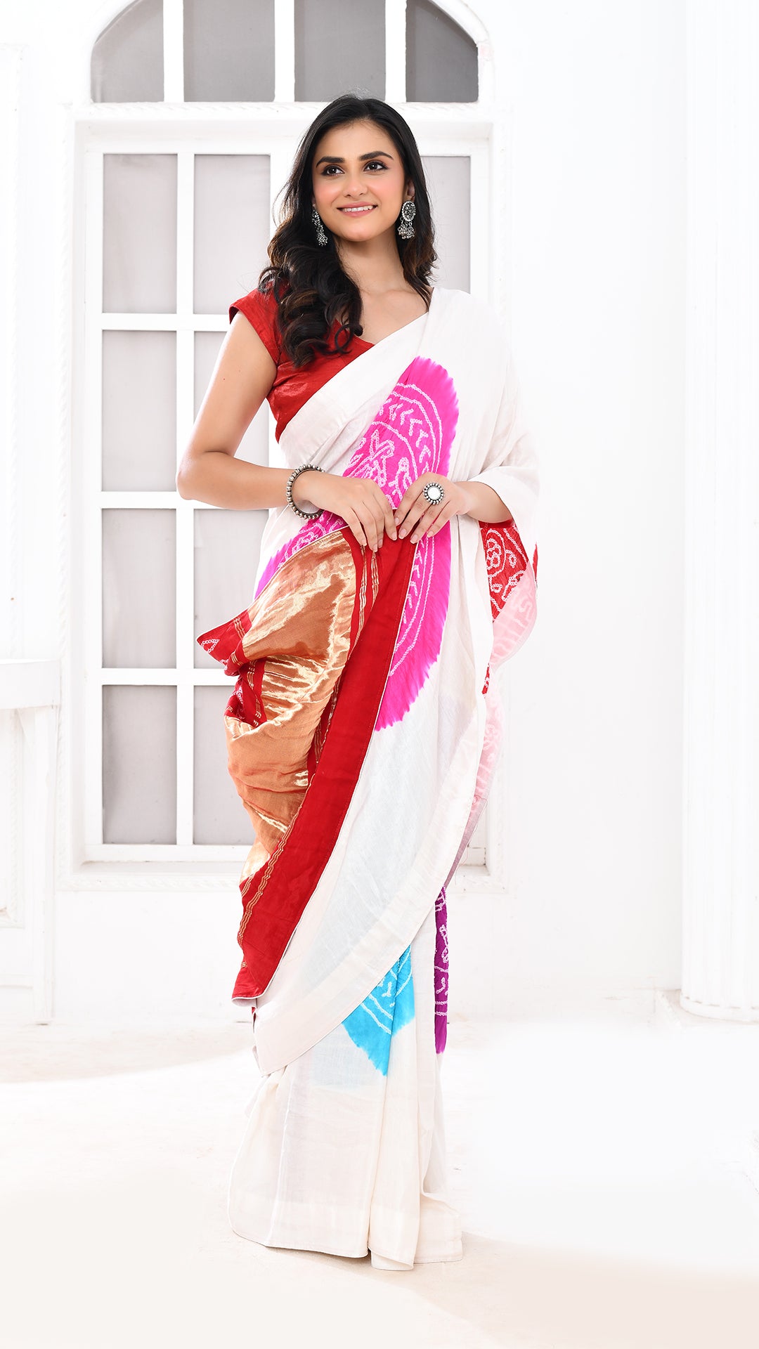 Gazi Silk Tissue Palu Hand Bandhej Offwhite