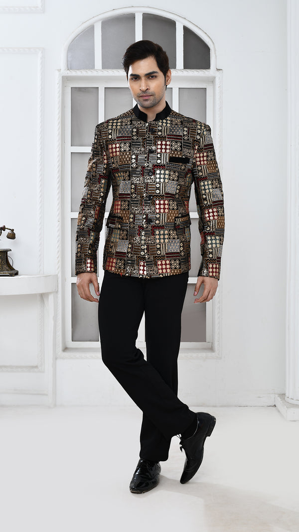 Black Velvet Embroidery Bandgala Jacket