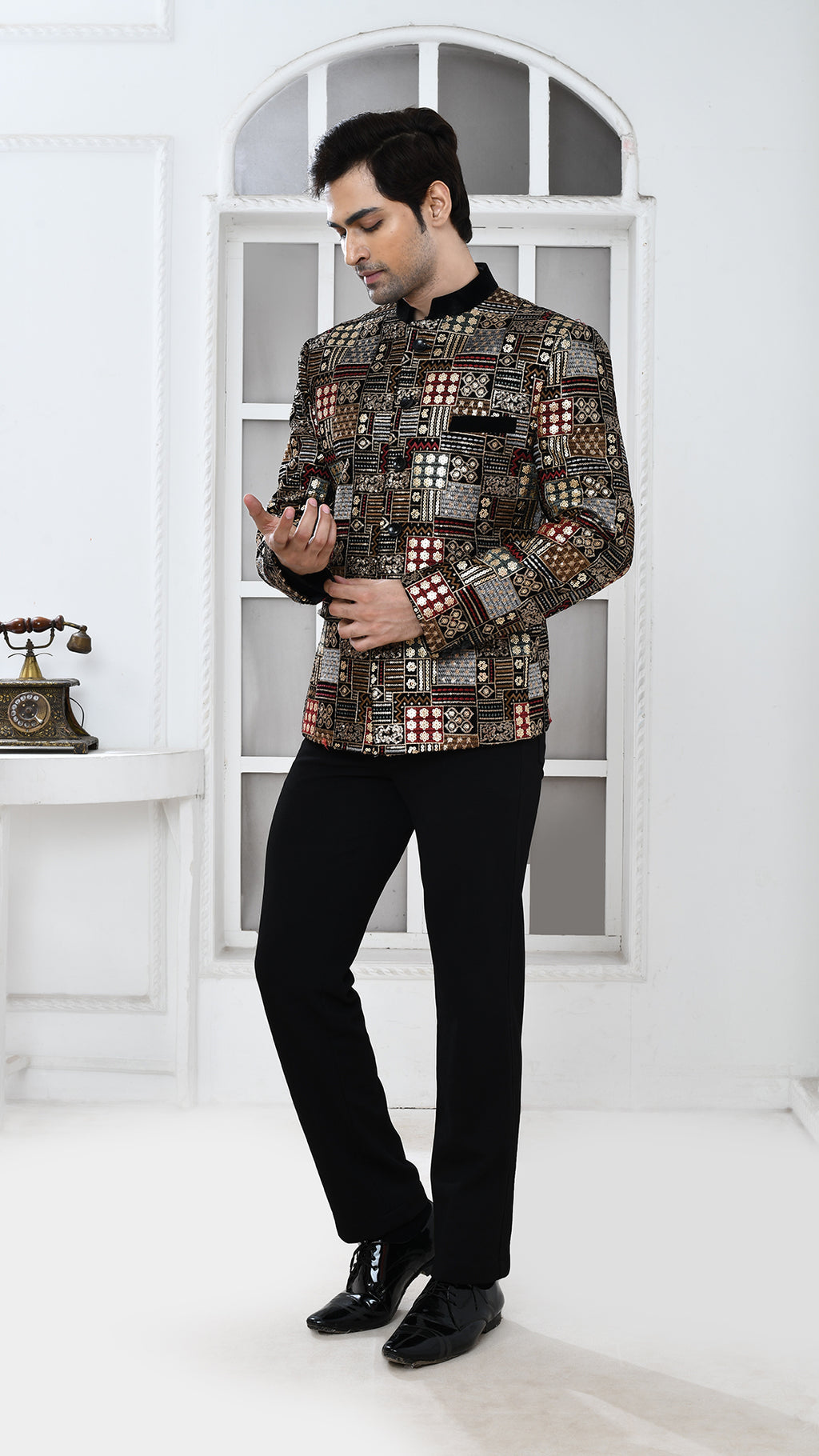 Black Velvet Embroidery Bandgala Jacket