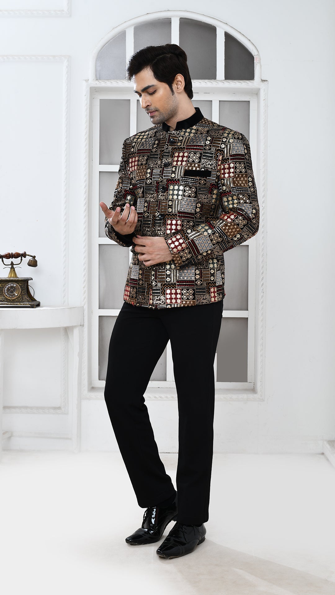 Black Velvet Embroidery Bandgala Jacket