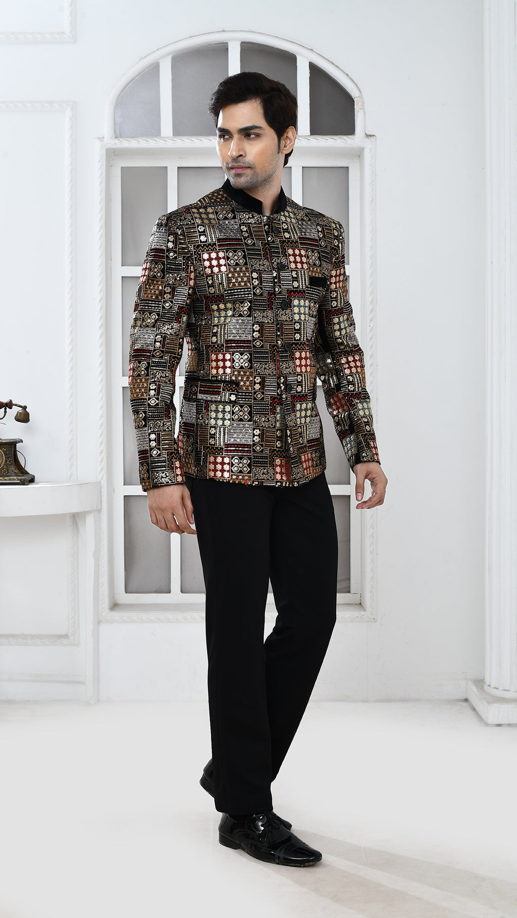Black Velvet Embroidery Bandgala Jacket