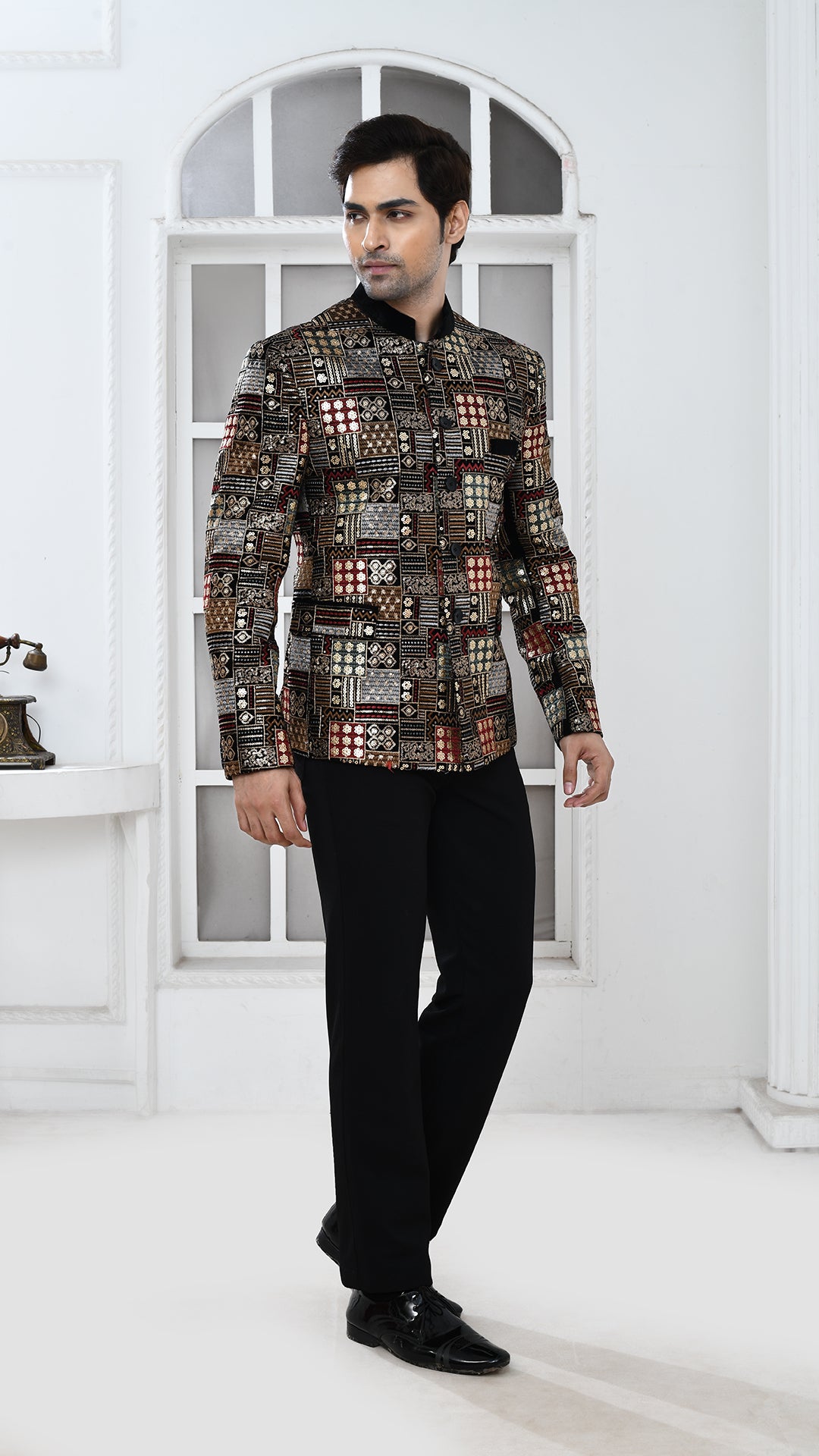 Black Velvet Embroidery Bandgala Jacket