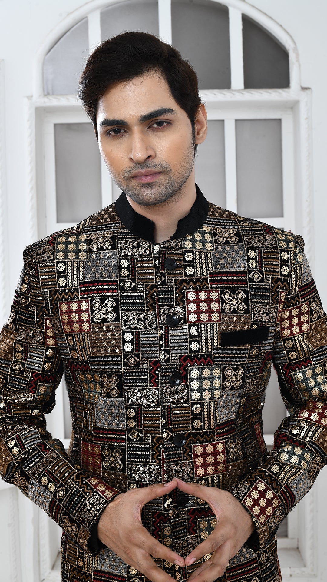 Black Velvet Embroidery Bandgala Jacket