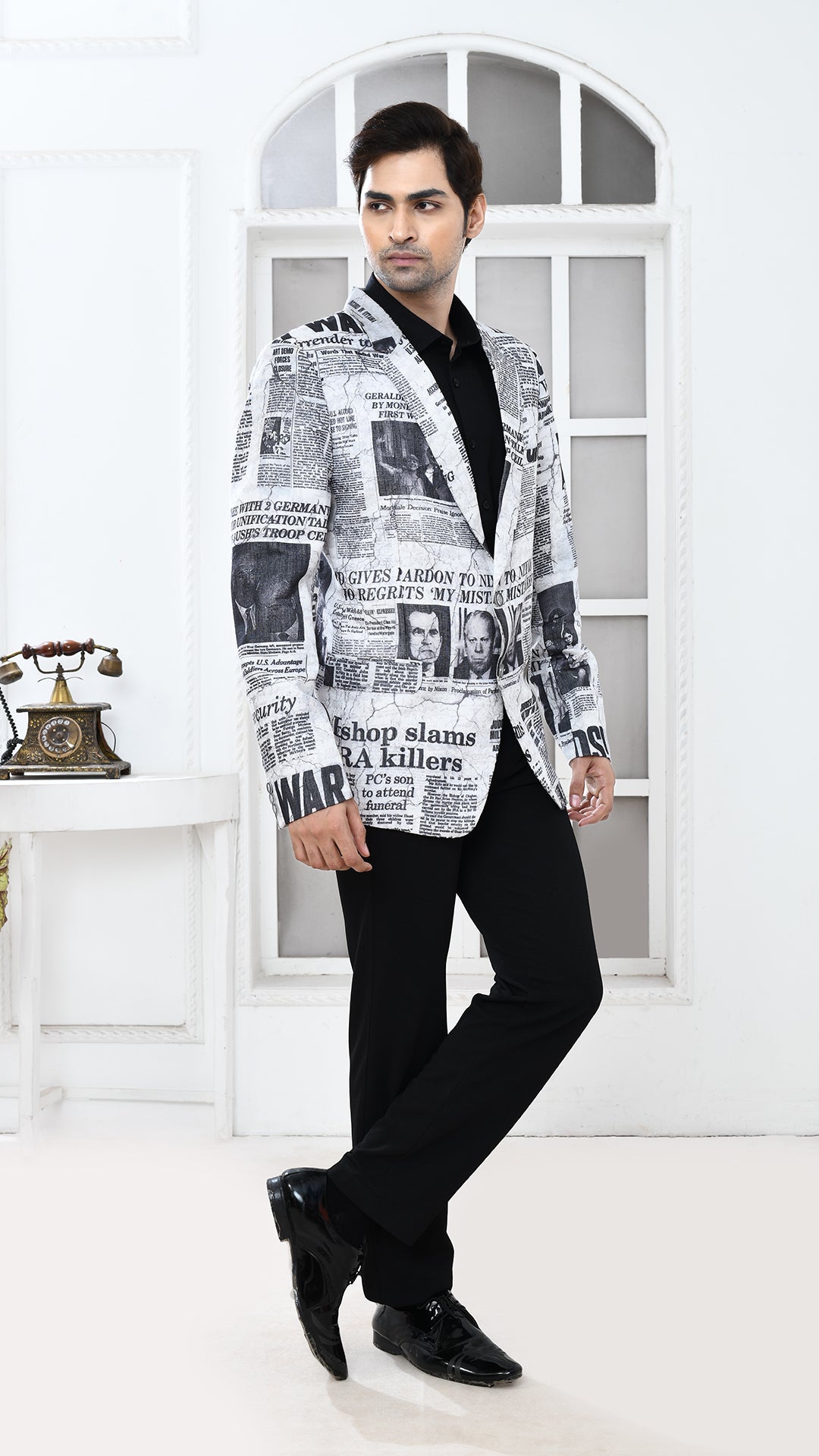 newspaper print Indo Western jacket