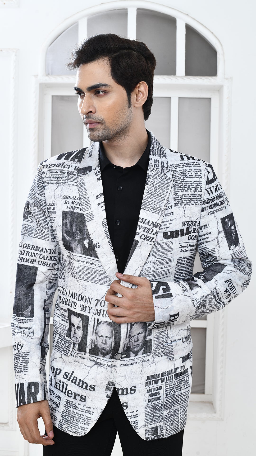 newspaper print Indo Western jacket