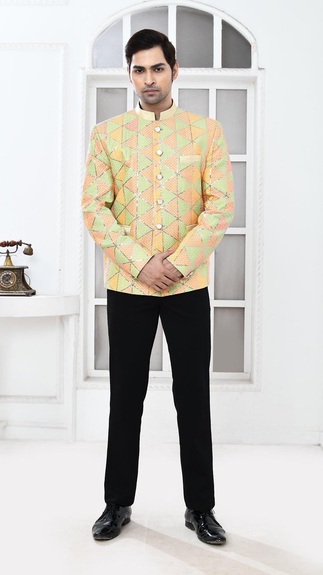 Lemon Yellow Embroidered Bandhgala