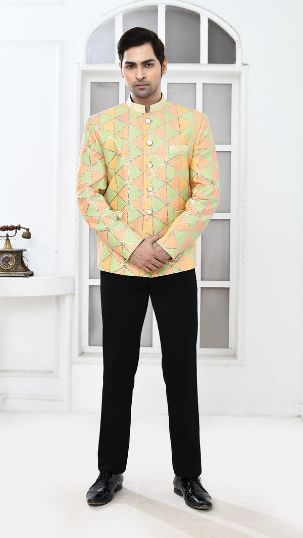 Lemon Yellow Embroidered Bandhgala