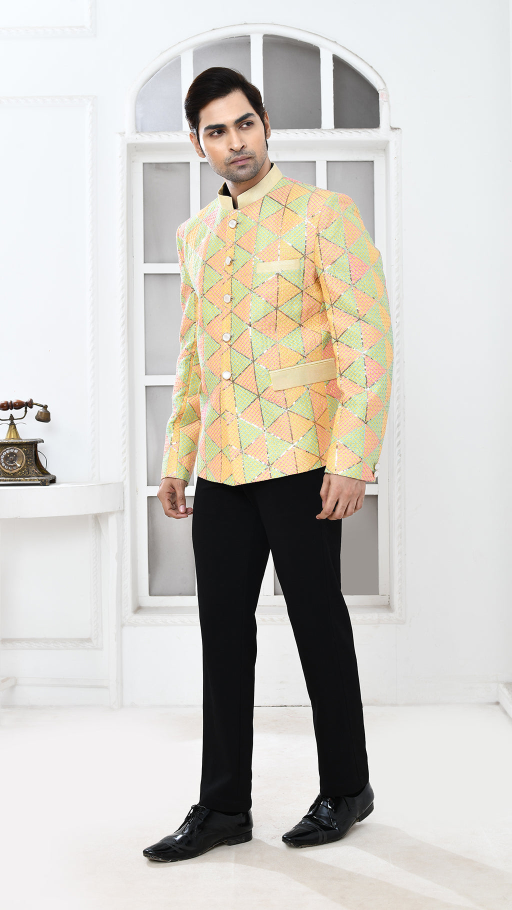 Lemon Yellow Embroidered Bandhgala