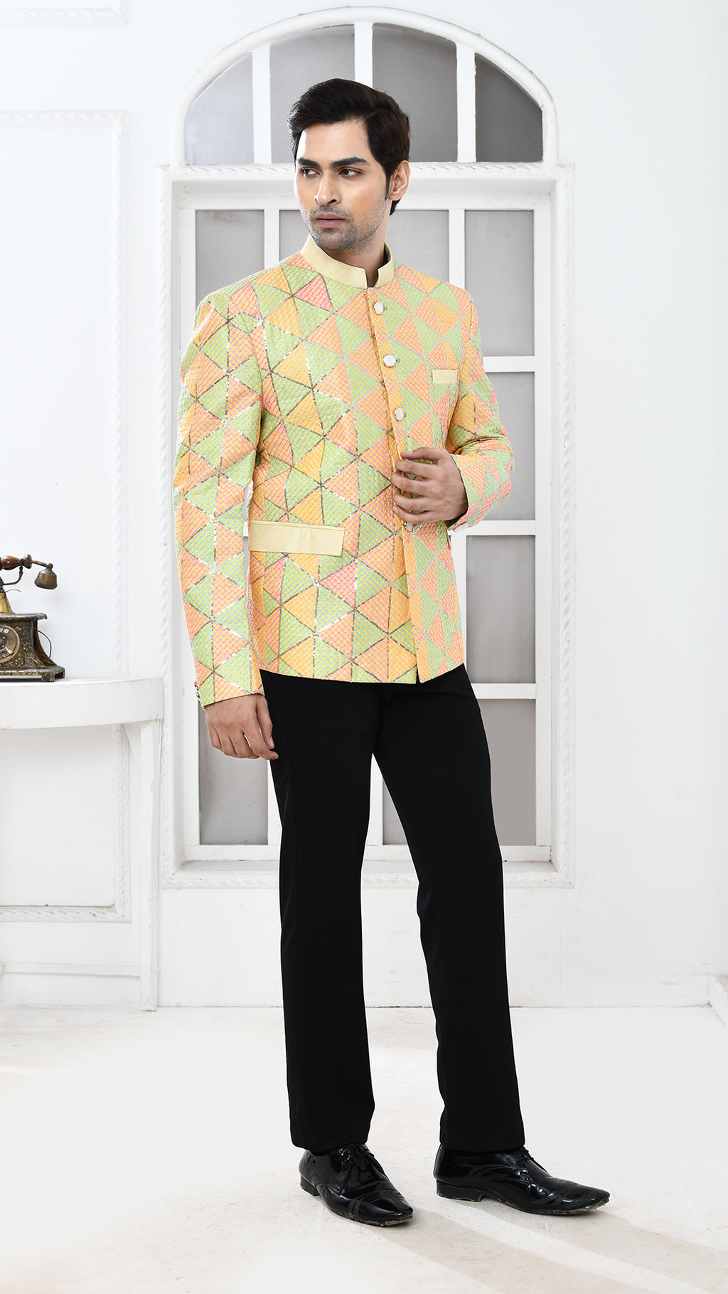 Lemon Yellow Embroidered Bandhgala