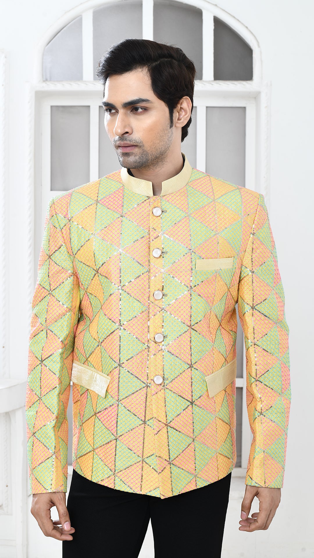 Lemon Yellow Embroidered Bandhgala