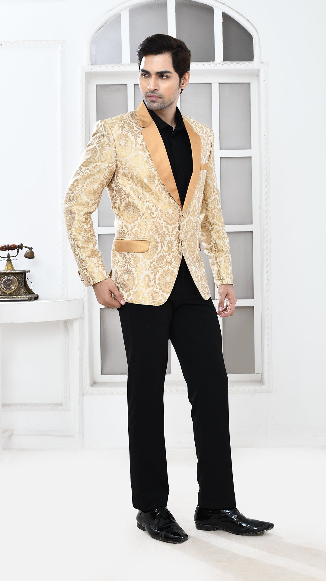 off white gold banarasi Indo Western jacket