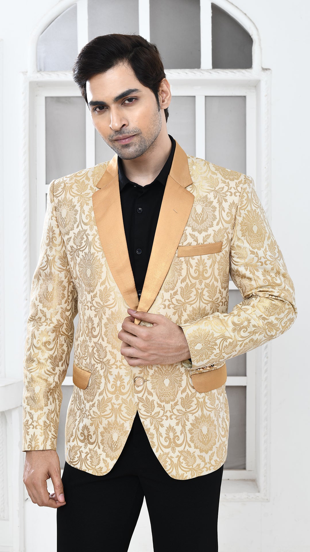 off white gold banarasi Indo Western jacket