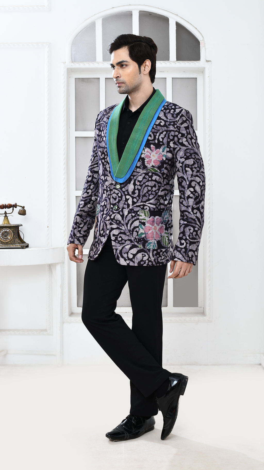 black batik blue/green color Indo Western jacket