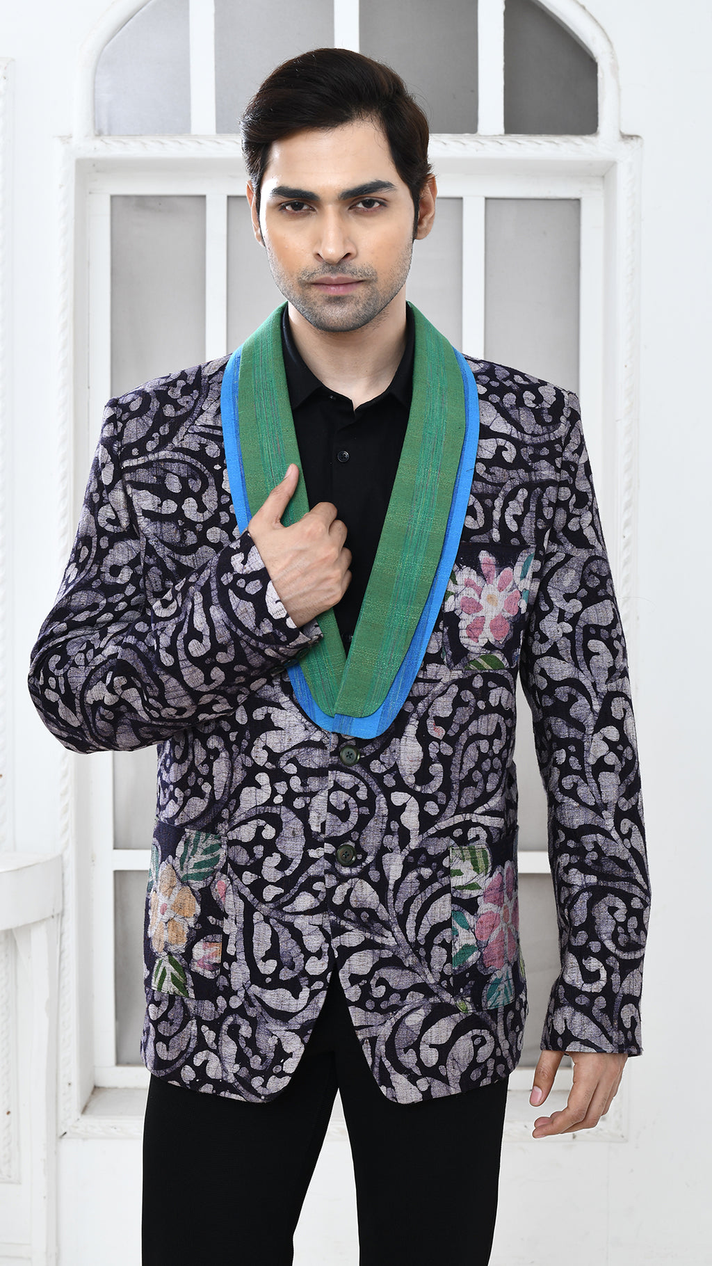 black batik blue/green color Indo Western jacket