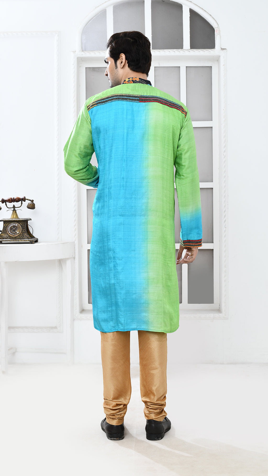 black multicolor blue/green tye dye sleve kantha silk panjabi