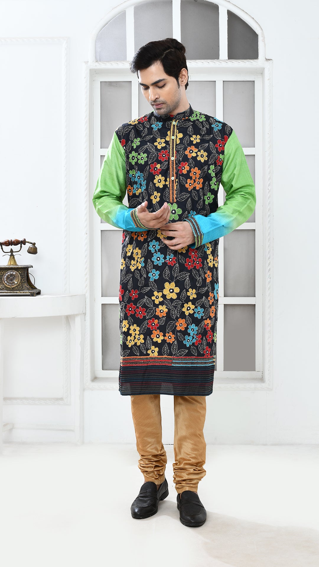 black multicolor blue/green tye dye sleve kantha silk panjabi