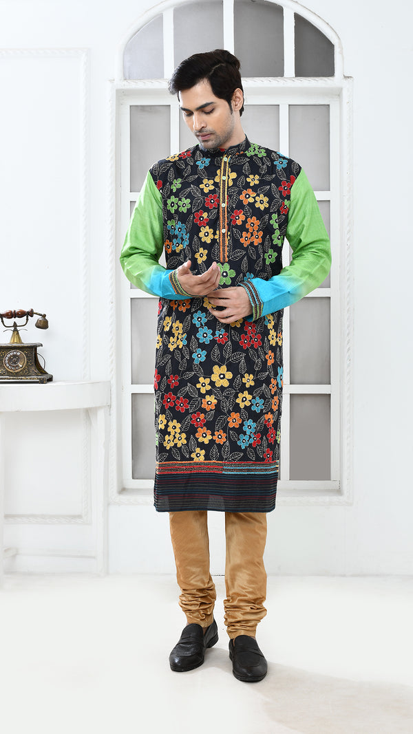 black multicolor blue/green tye dye sleve kantha silk panjabi