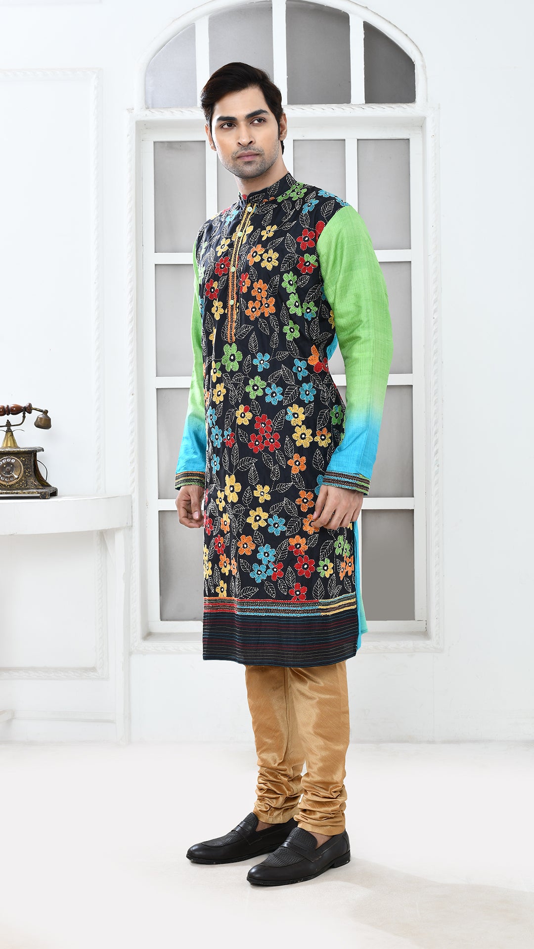 black multicolor blue/green tye dye sleve kantha silk panjabi