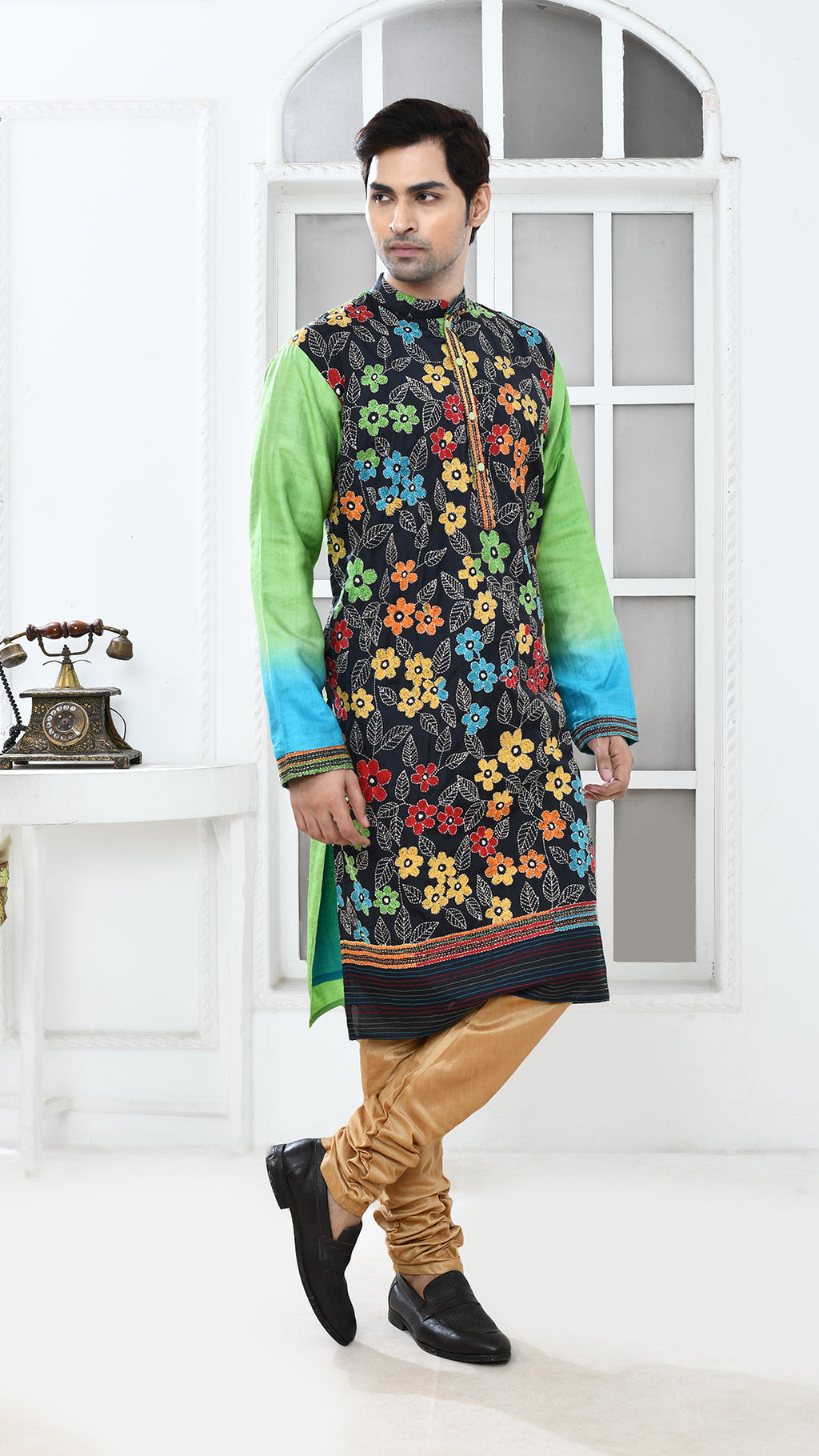 black multicolor blue/green tye dye sleve kantha silk panjabi