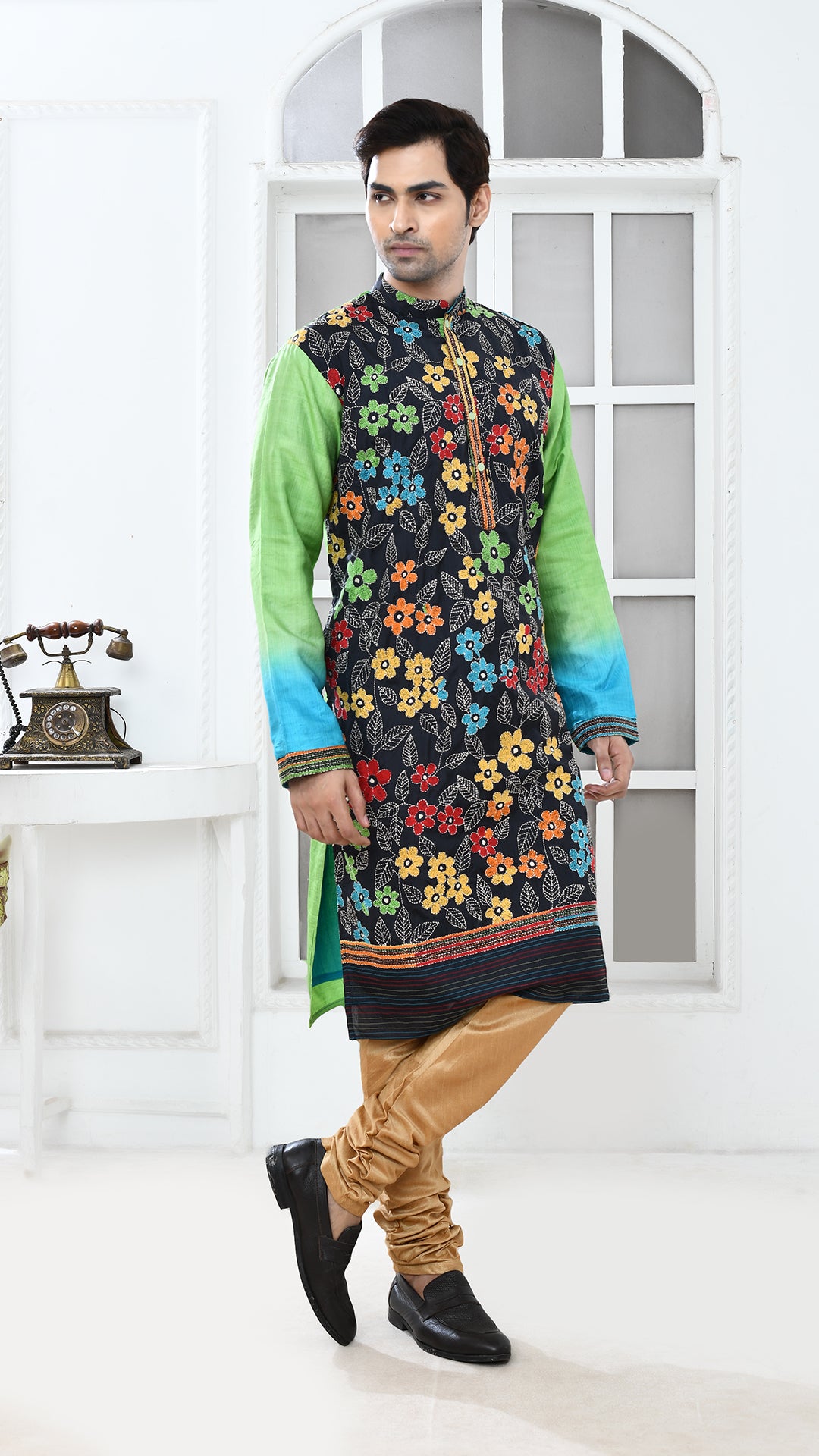 black multicolor blue/green tye dye sleve kantha silk panjabi