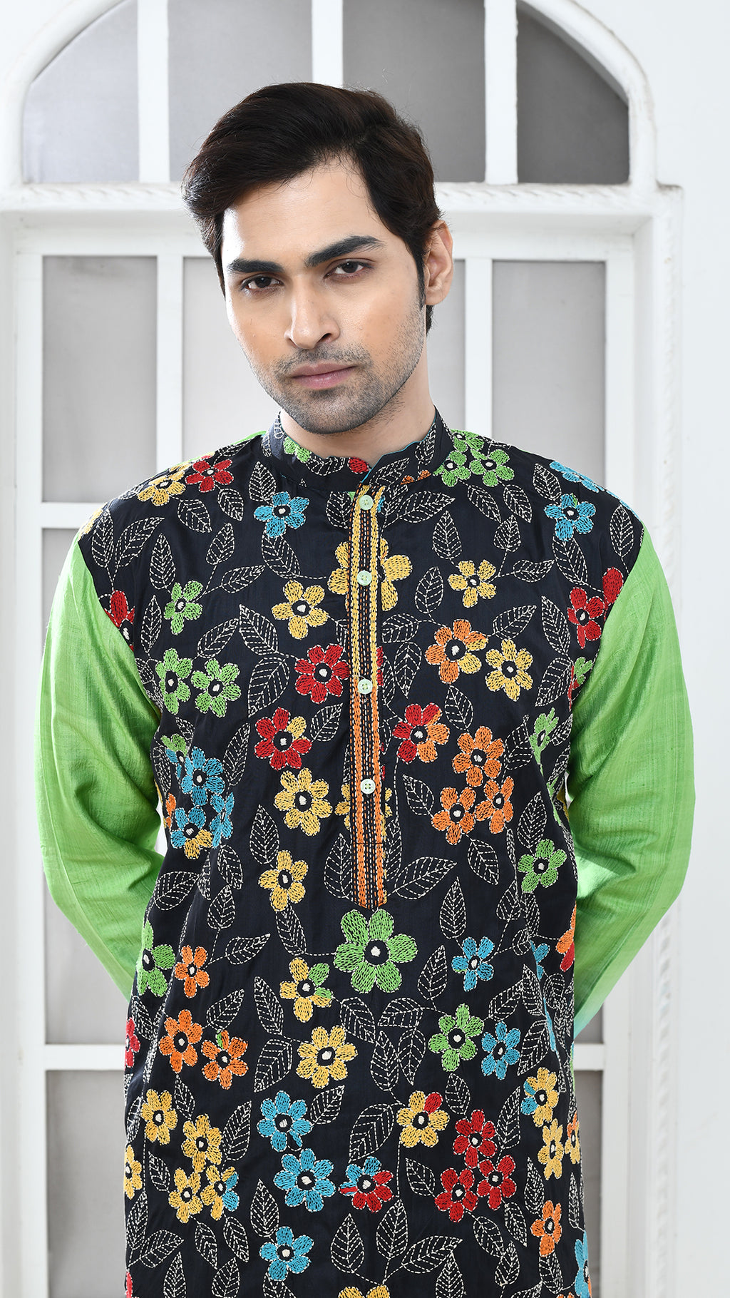 black multicolor blue/green tye dye sleve kantha silk panjabi