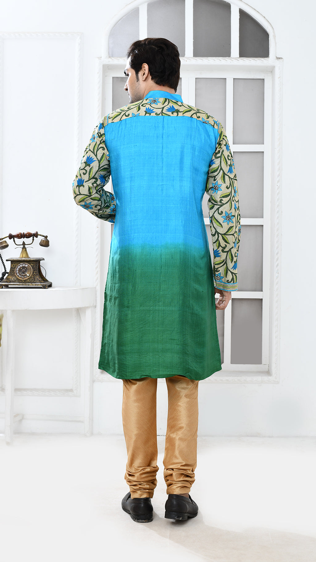blue/green tye dye sleve kantha silk panjabi