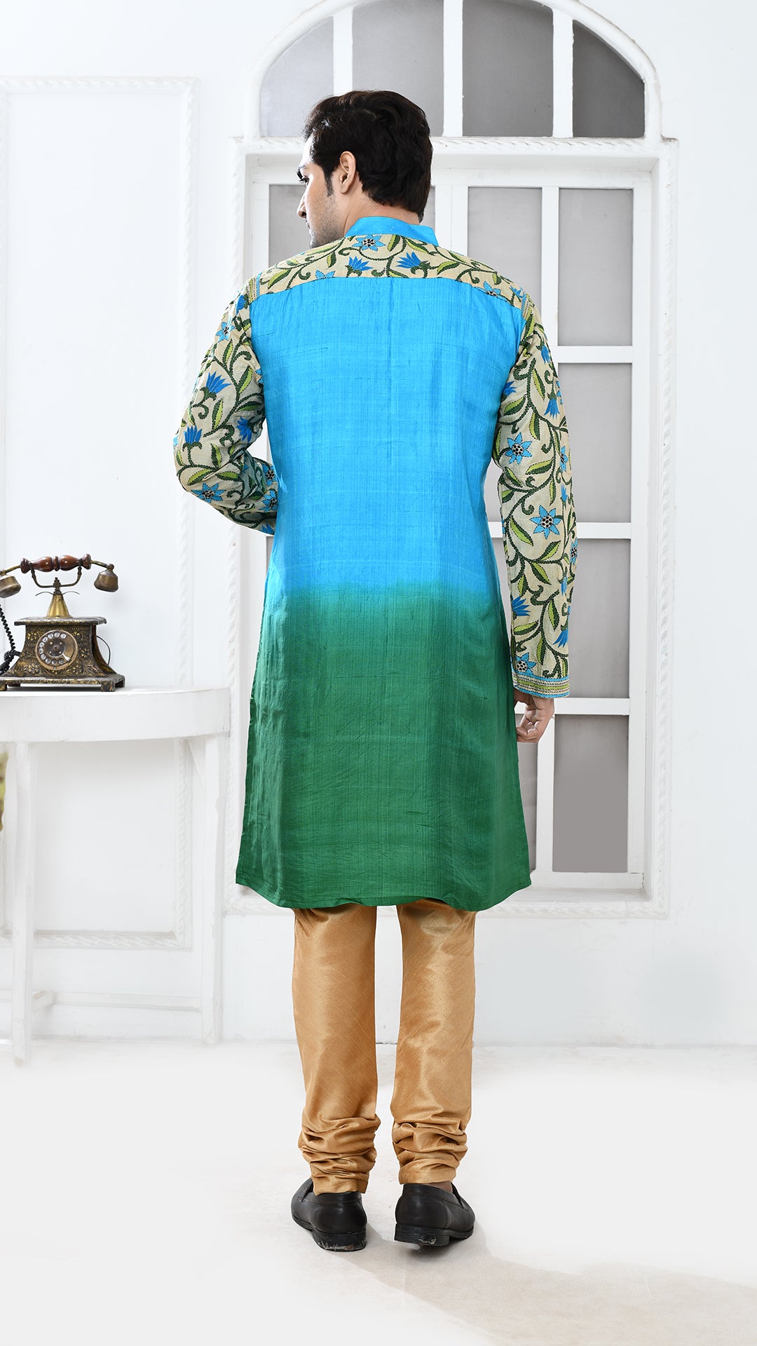 blue/green tye dye sleve kantha silk panjabi