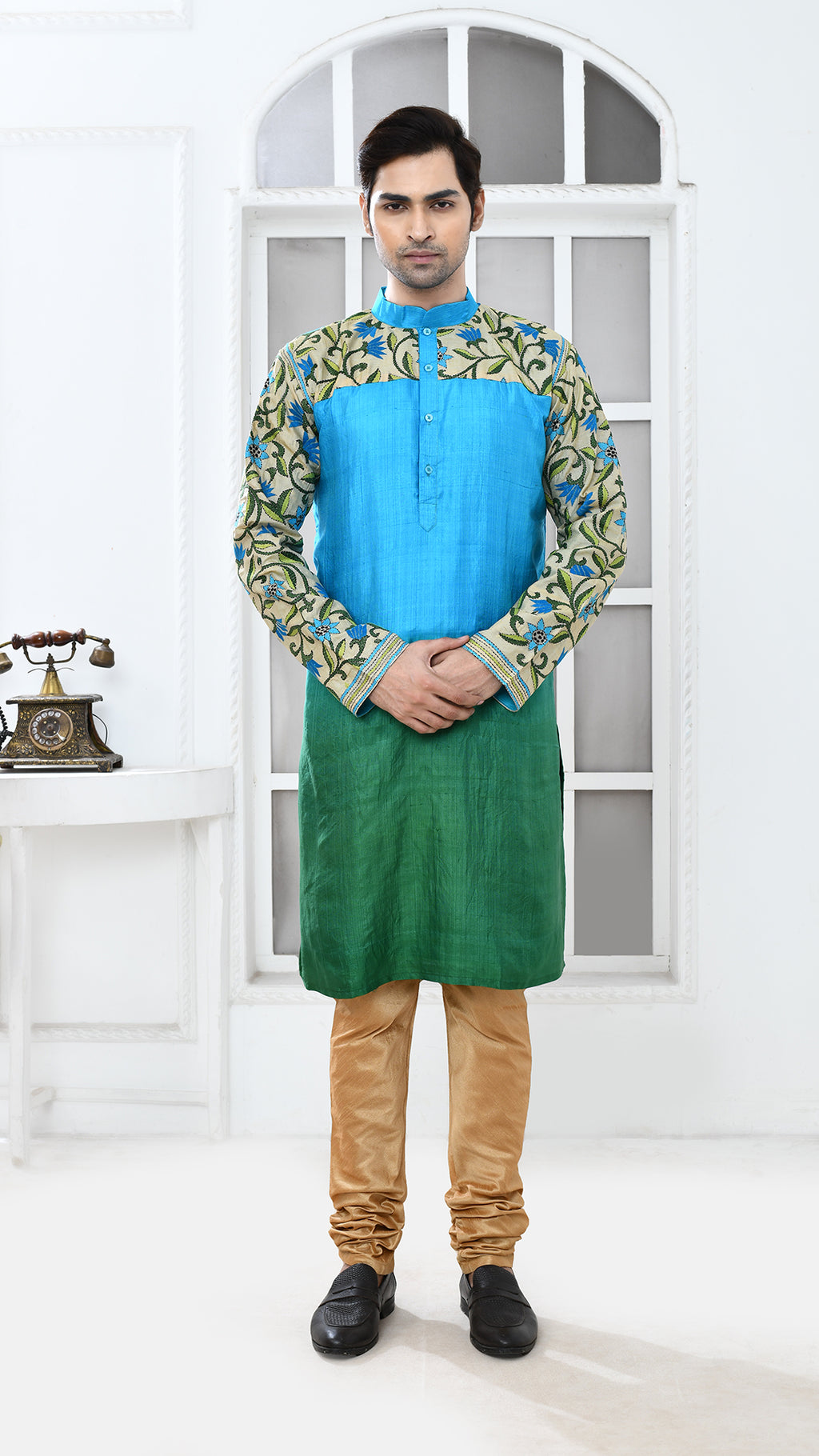 blue/green tye dye sleve kantha silk panjabi