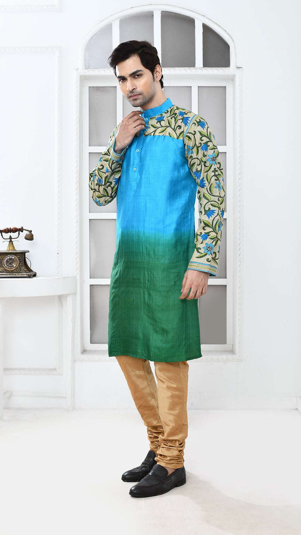 blue/green tye dye sleve kantha silk panjabi