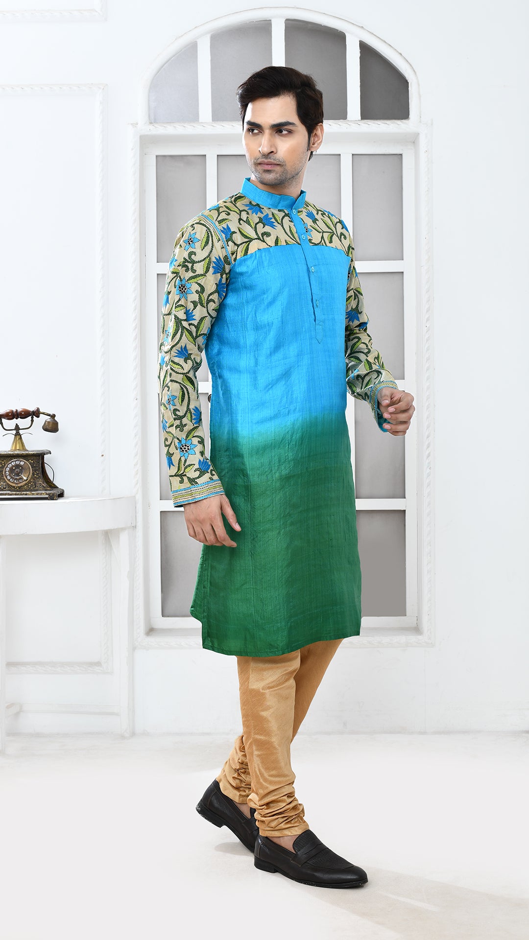 blue/green tye dye sleve kantha silk panjabi