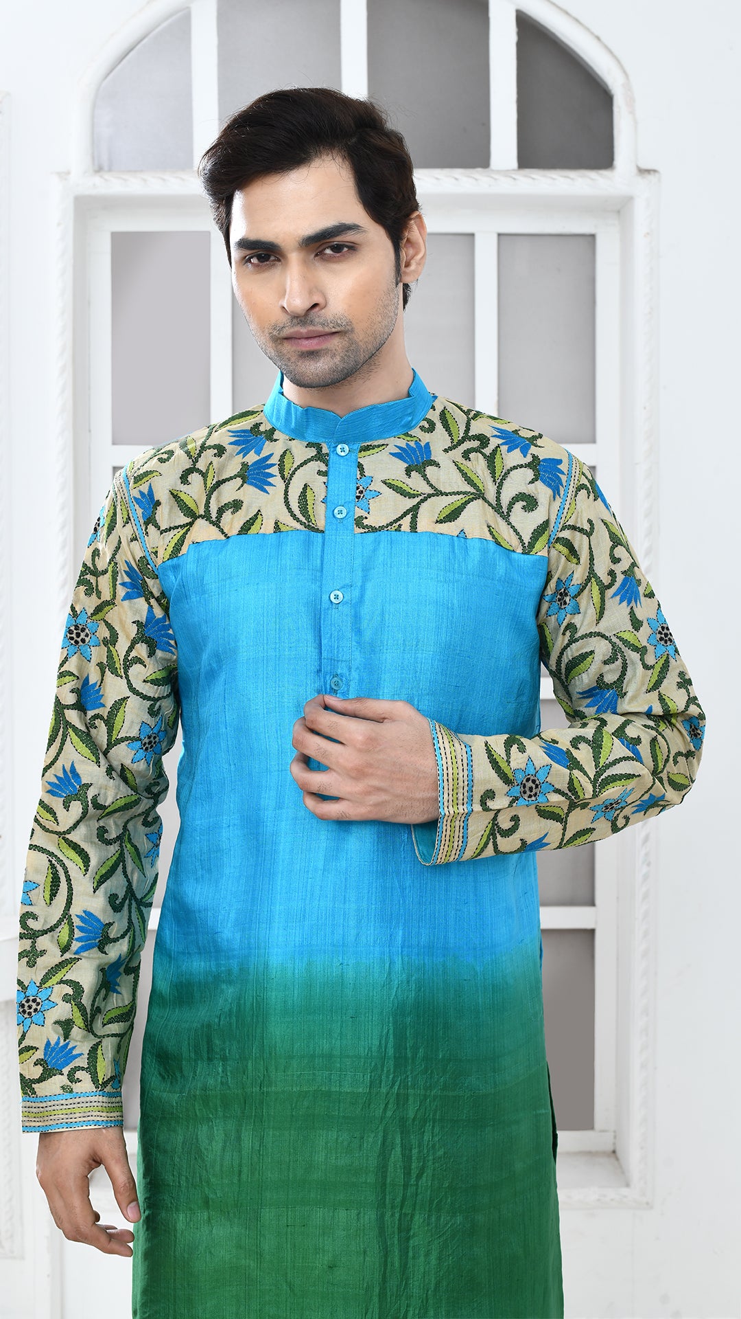 blue/green tye dye sleve kantha silk panjabi