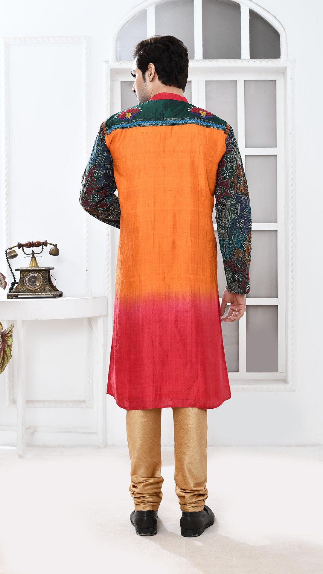orange/ maroon black multicolor tye dye sleve kantha silk panjabi