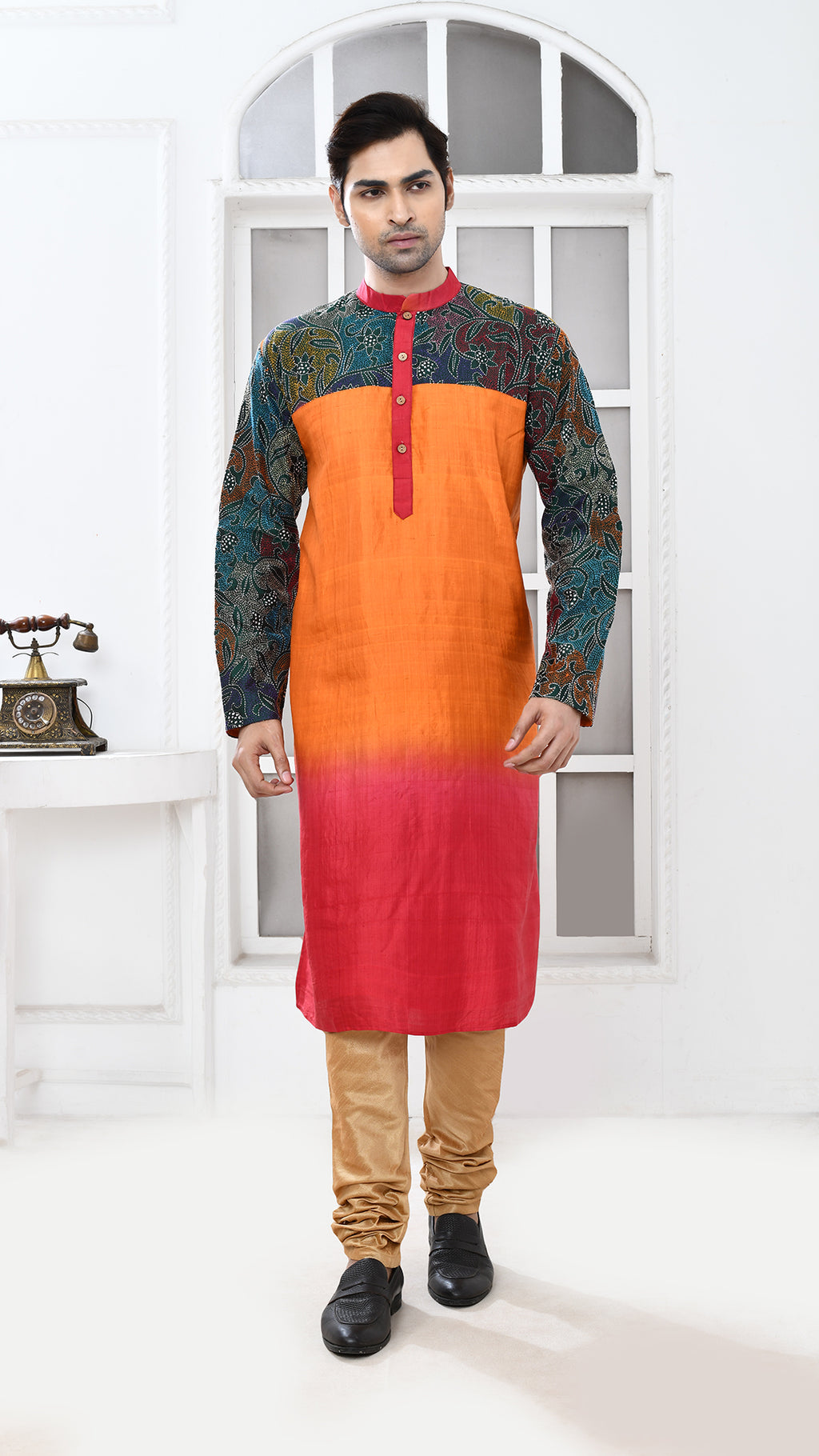 orange/ maroon black multicolor tye dye sleve kantha silk panjabi