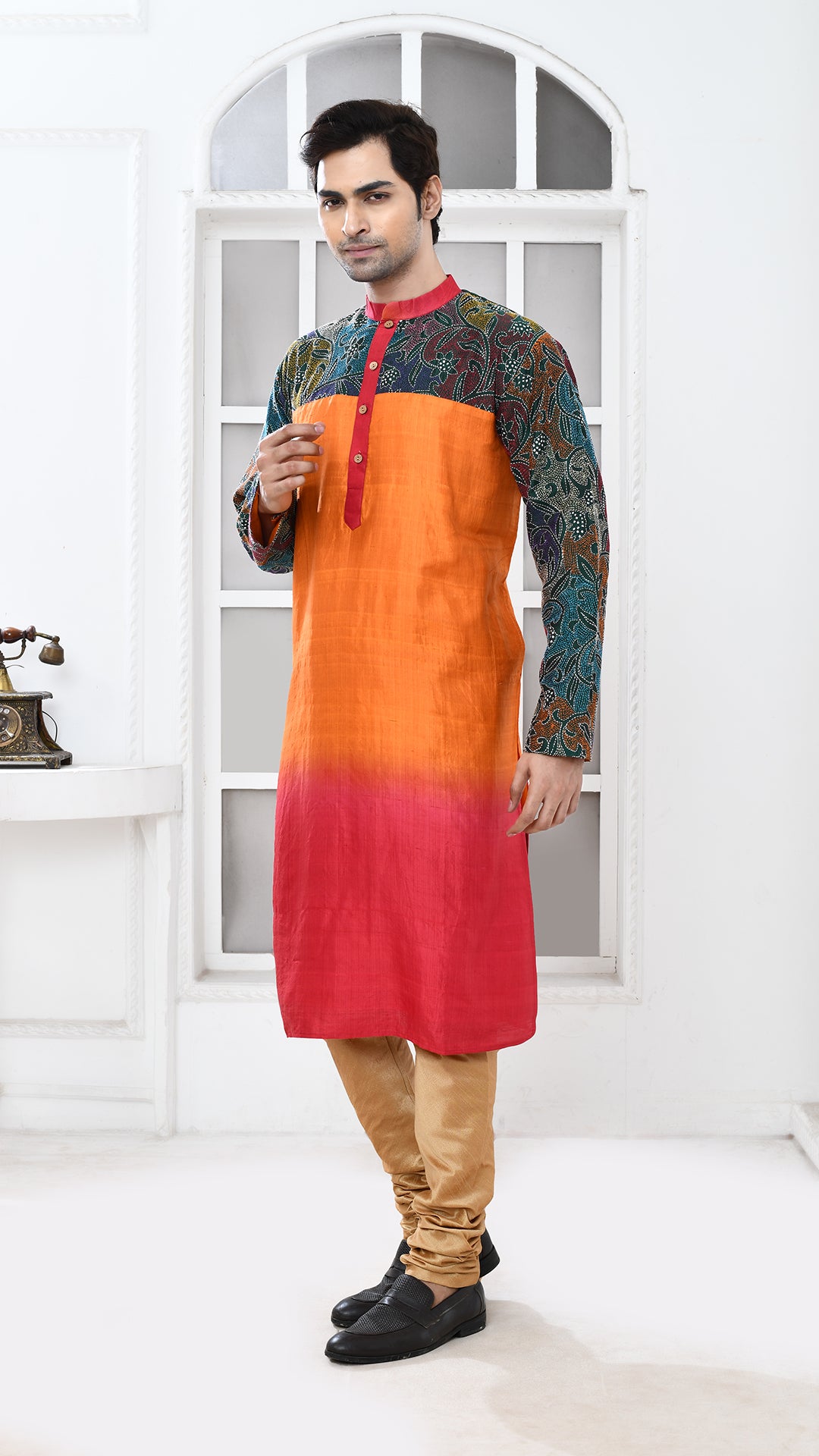 orange/ maroon black multicolor tye dye sleve kantha silk panjabi