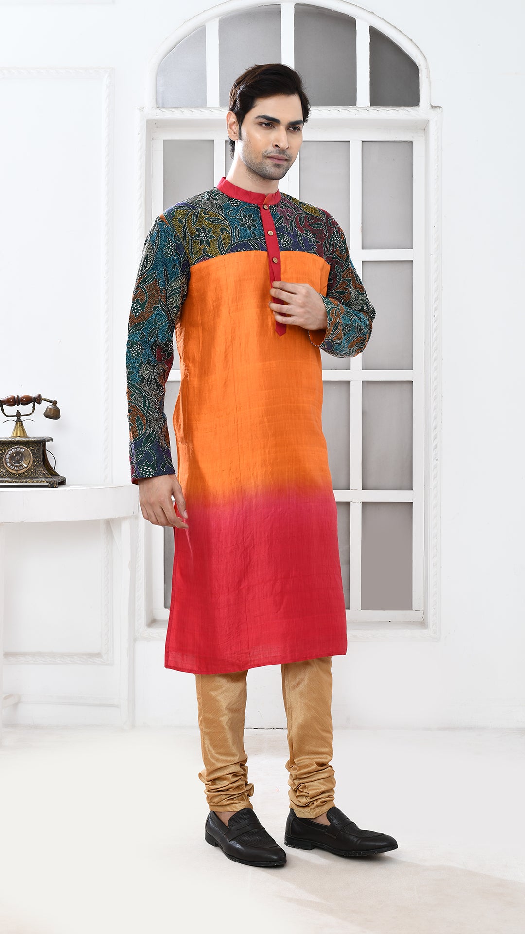 orange/ maroon black multicolor tye dye sleve kantha silk panjabi