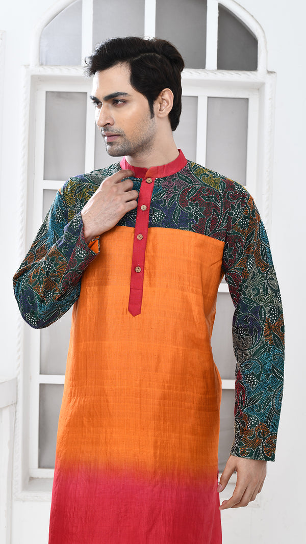 orange/ maroon black multicolor tye dye sleve kantha silk panjabi