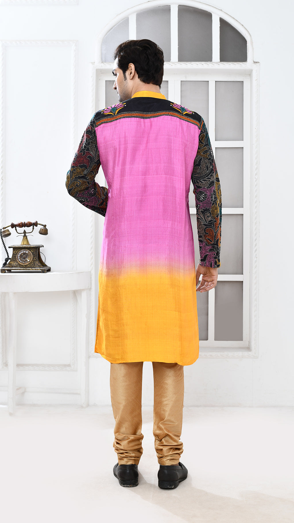 yellow/pink black multicolor tye dye floral silk kantha panjabi