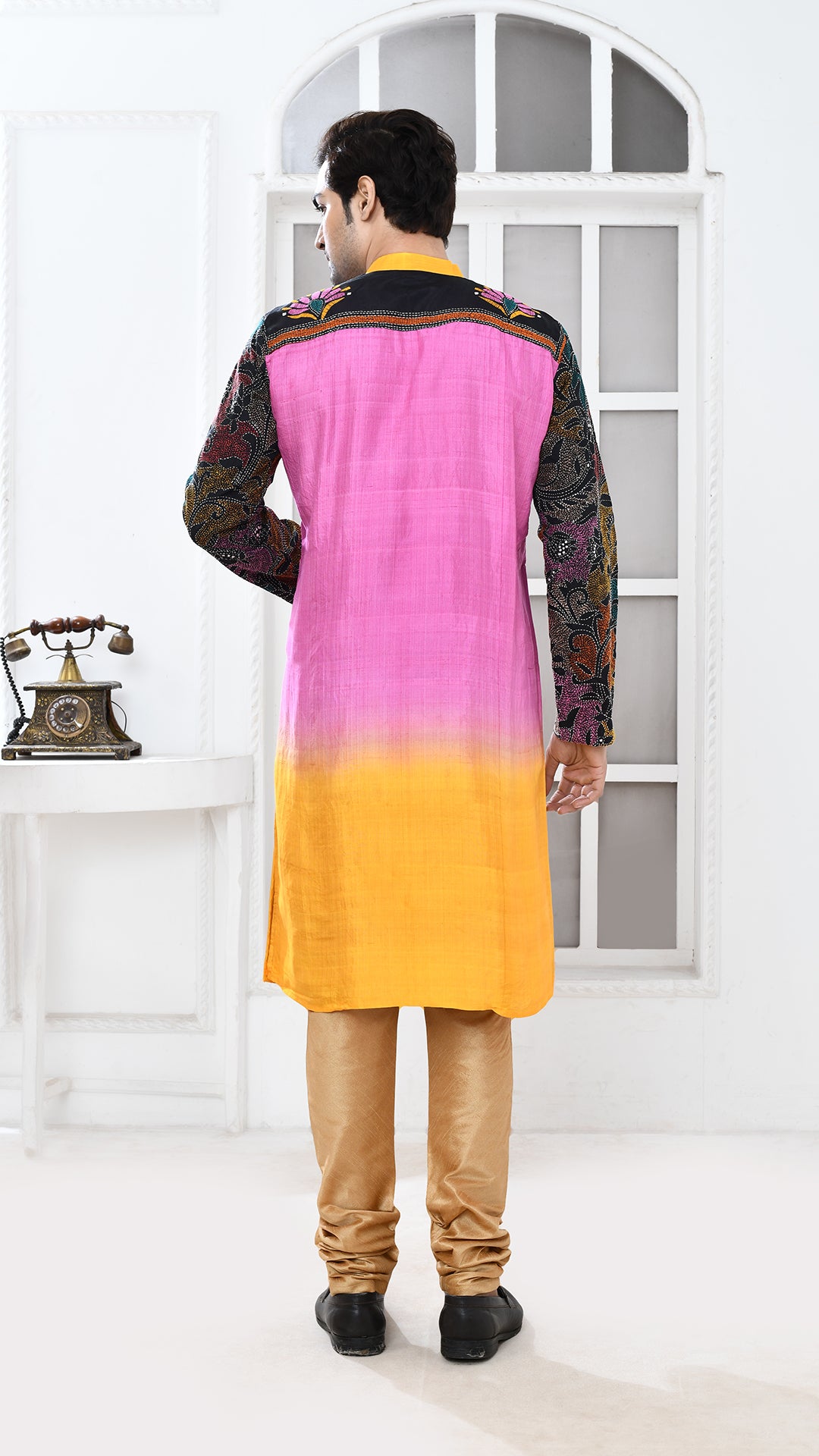 yellow/pink black multicolor tye dye floral silk kantha panjabi