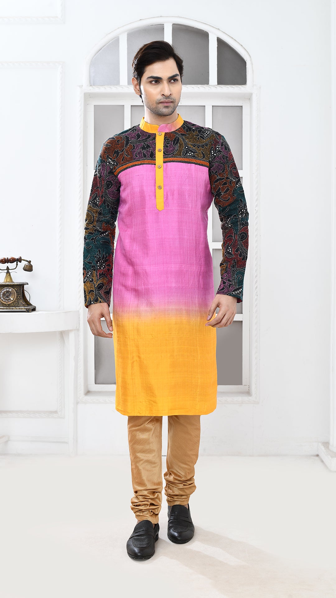 yellow/pink black multicolor tye dye floral silk kantha panjabi