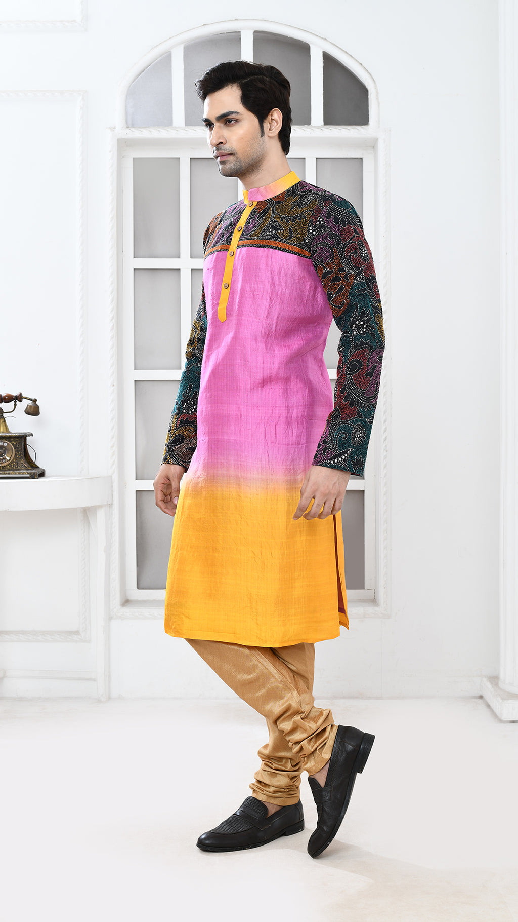 yellow/pink black multicolor tye dye floral silk kantha panjabi