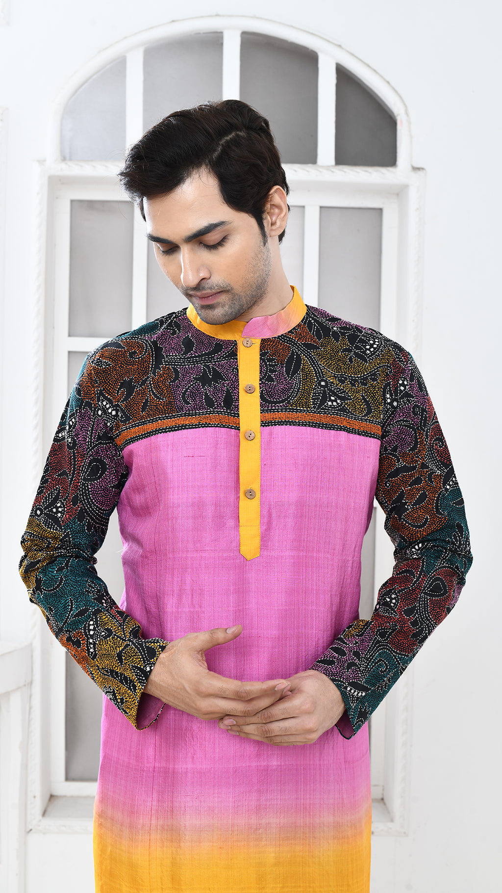 yellow/pink black multicolor tye dye floral silk kantha panjabi