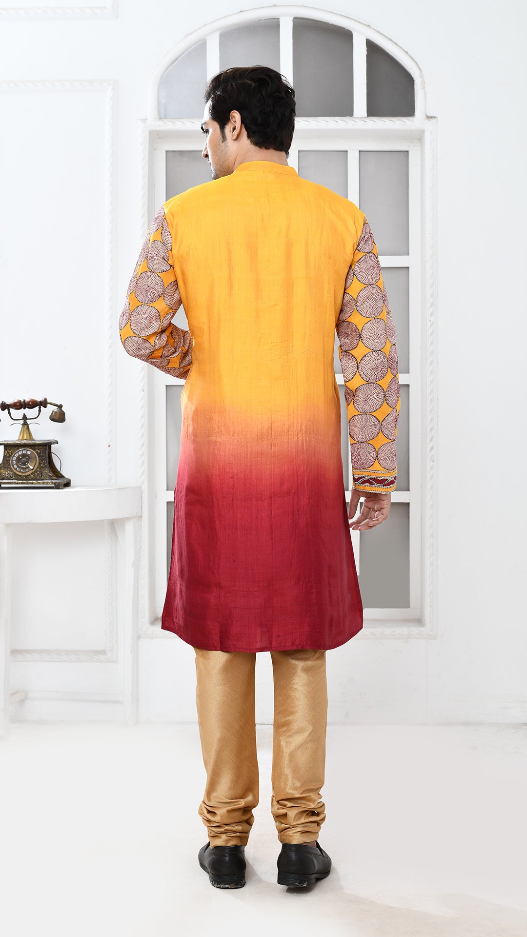 Maroon/Yellow Tie Dye Beige Kantha Sleeve Silk Panjabi