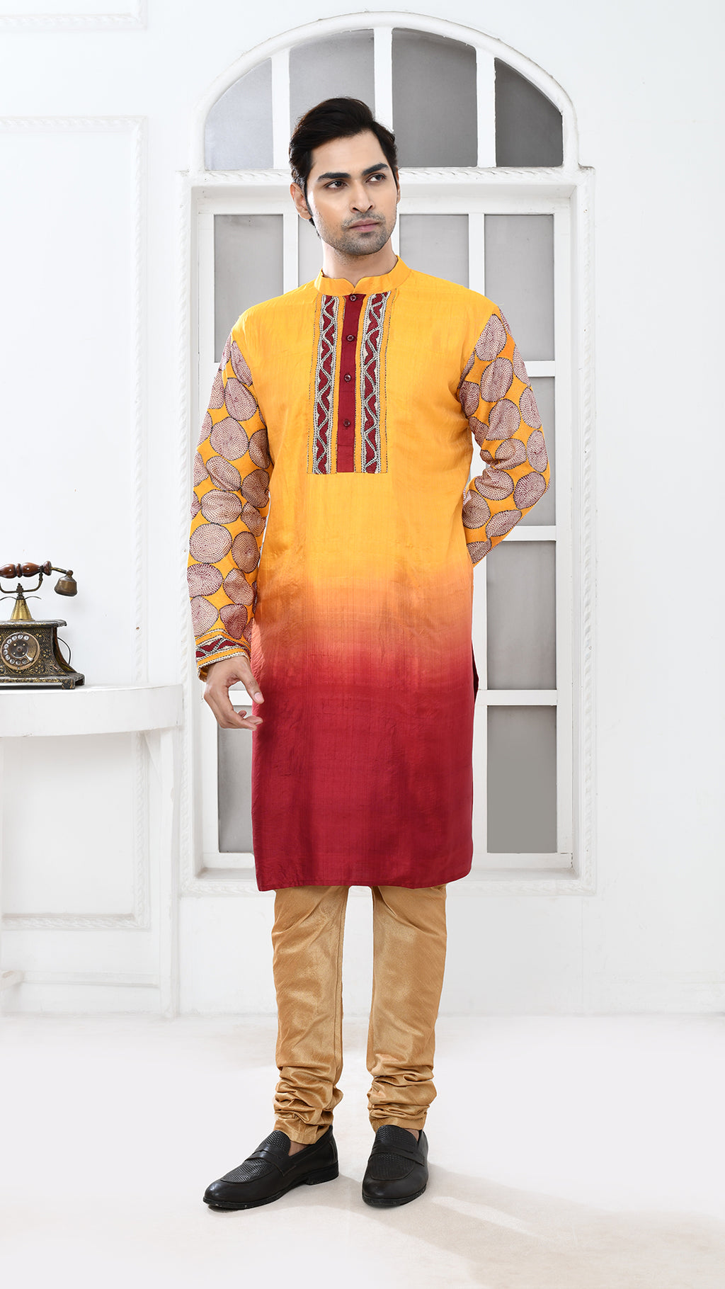 Maroon/Yellow Tie Dye Beige Kantha Sleeve Silk Panjabi